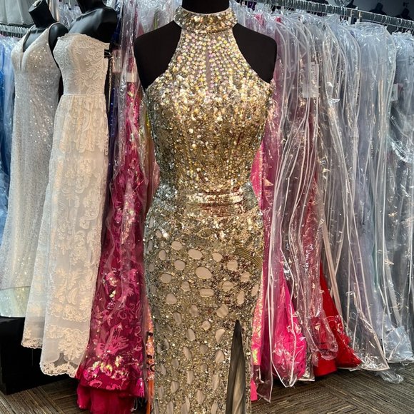 Precious Formals P9117 sz 0 PLATINUM GOLD PEWTER FITTED DRESS - Picture 3 of 10